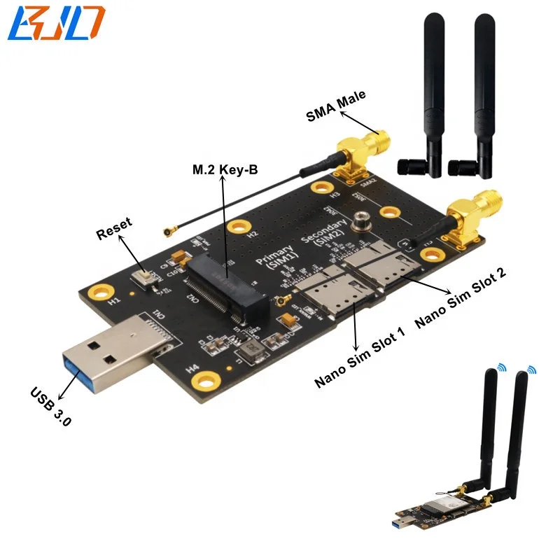 

5G 4G GSM LTE Wireless Module Adapter NGFF M.2 B-Key to USB 3.0 Riser Card with 2 * Nano SIM Slot and Dual Antennas, Black