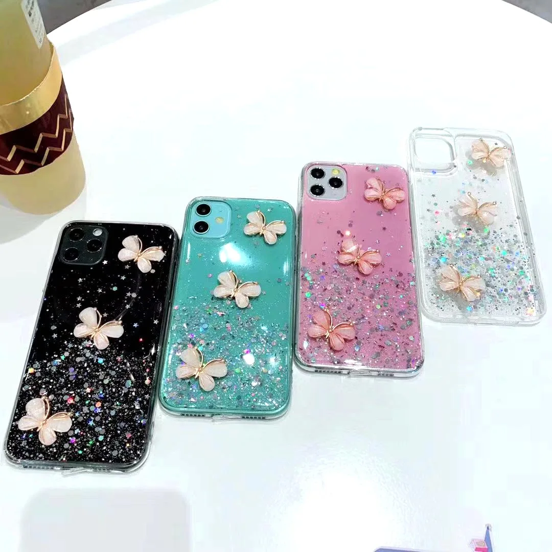 

Hot Sale 3D Girly Bling Glitter Butterfly Phone Case for iPhone 12 Gold Foil Epoxy Gel TPU Cover for iPhone 11/7/8/Plus/X/XS/MAX, 4 colors