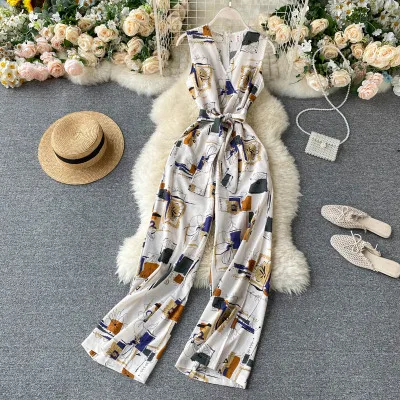 

2020 Summer Women Fashion Printed Dots Wide Leg Long Jumpsuits