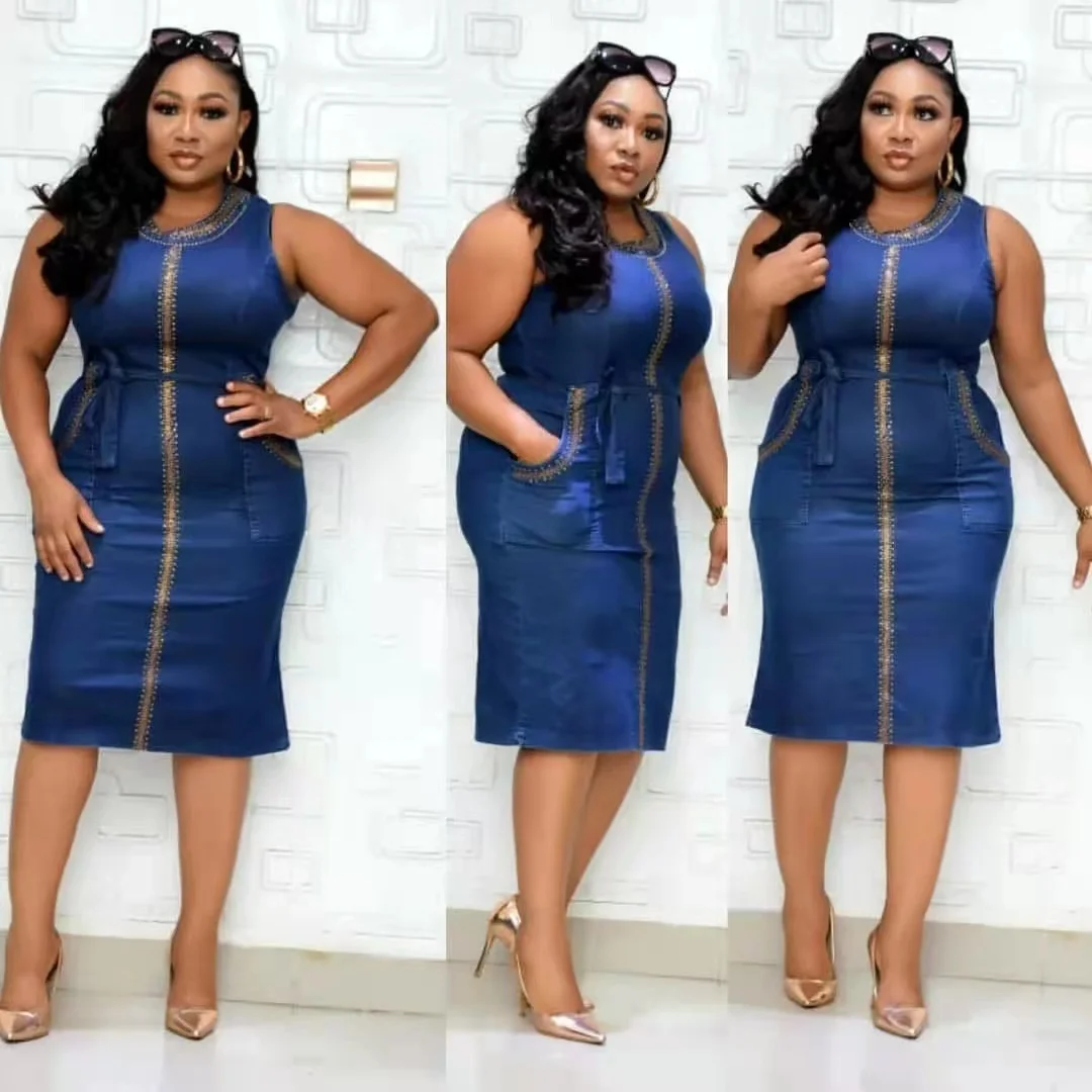 

2021 high quality 5XL plus size denim dress women sexy bocycon midi dress slim fit office wear
