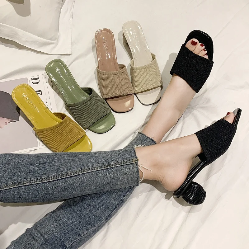 

Wholesale fashion slippers round heel women summer new low heel slippers shoes, Black,blue,brown,and yellow