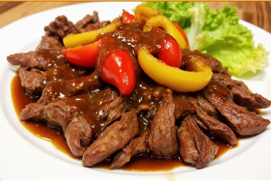 Perfectly cooked pepper steak with glossy sauce clinging to tender beef strips and vibrant bell peppers on white plate