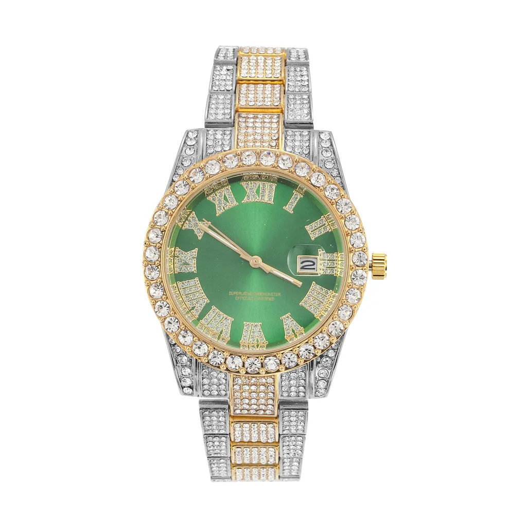 

Men's hip hop gold-plated 3A zircon quartz watch with Roman numerals luminous large dial quartz watch, Picture shows