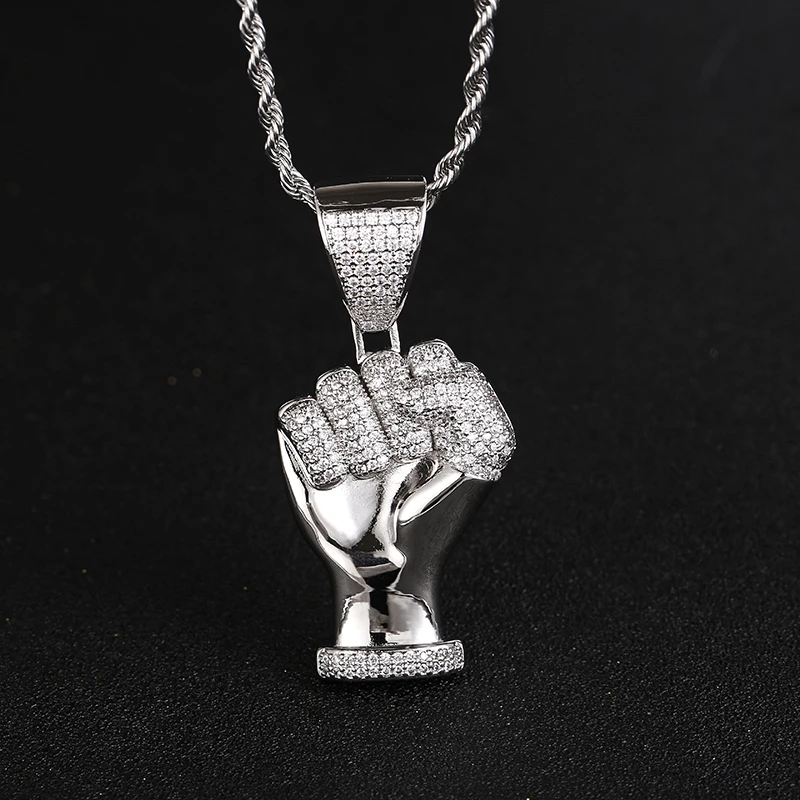 

Customized logo unique fist design bling diamond zircon chain pendants necklace chains for men diamond chain hip hop jewelry, Silver color