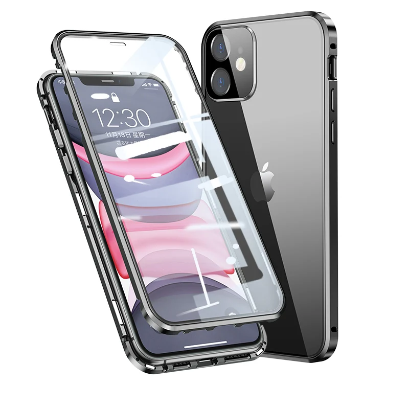 

50PCS Free Shipping Magnetic Mobile Phone Case 360 Full Cover Magnet Adsorption Tempered Glass Phone Cover For Iphone 11 Pro Max, Black/green/red/gold