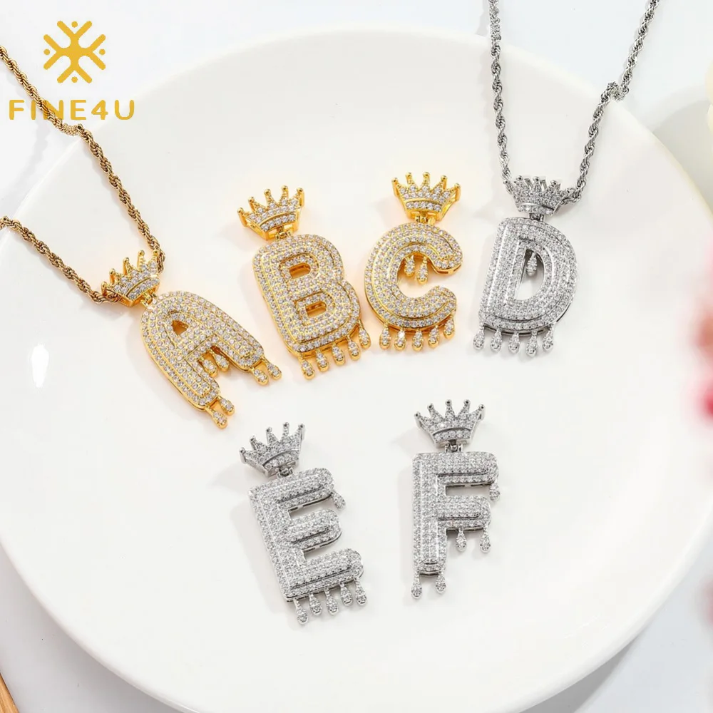 

Hip hop gold plated crown alphabet cubic zircon diamond pendant letter initial necklace