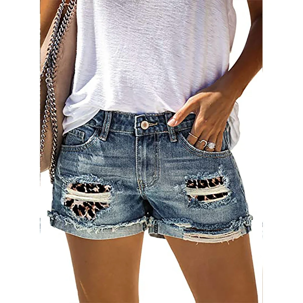 

MT381-0700 Female Fashion Casual Lady Mid Waist Straight Short Summer New Women's Leopard Camouflage Ripped Patch Jeans