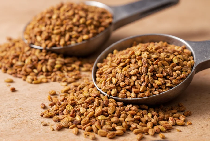 Close-up of golden brown cumin seeds scattered on wooden surface with measuring spoons