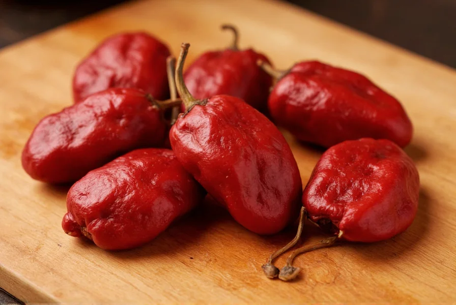 Close-up view of dried cascabel peppers showing their round shape and deep red color on wooden cutting board