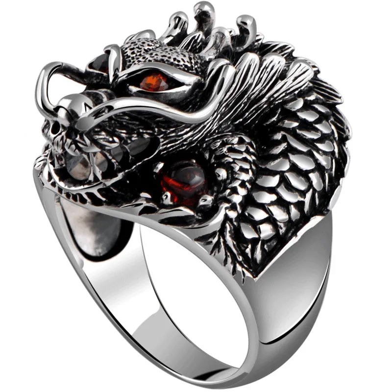 

Punk Vintage Style Stylish Finger Rings Jewelry Steel Casting China Dragon Head Animal Zodiac Ring Men Gift