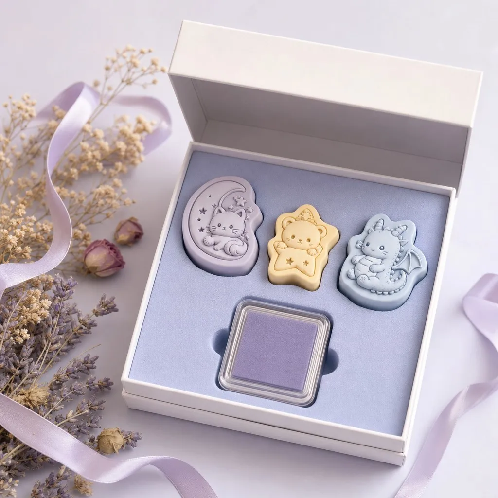 Premium gift box set open to reveal three kawaii character stamps and ink pad with lavender flowers