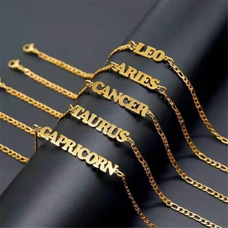 

Summer Hot Sale Stainless Steel Horoscope Ankle Bracelet 18K Gold Plated Cuban Chain 12 Zodiac Sign Anklet For Girls Gift
