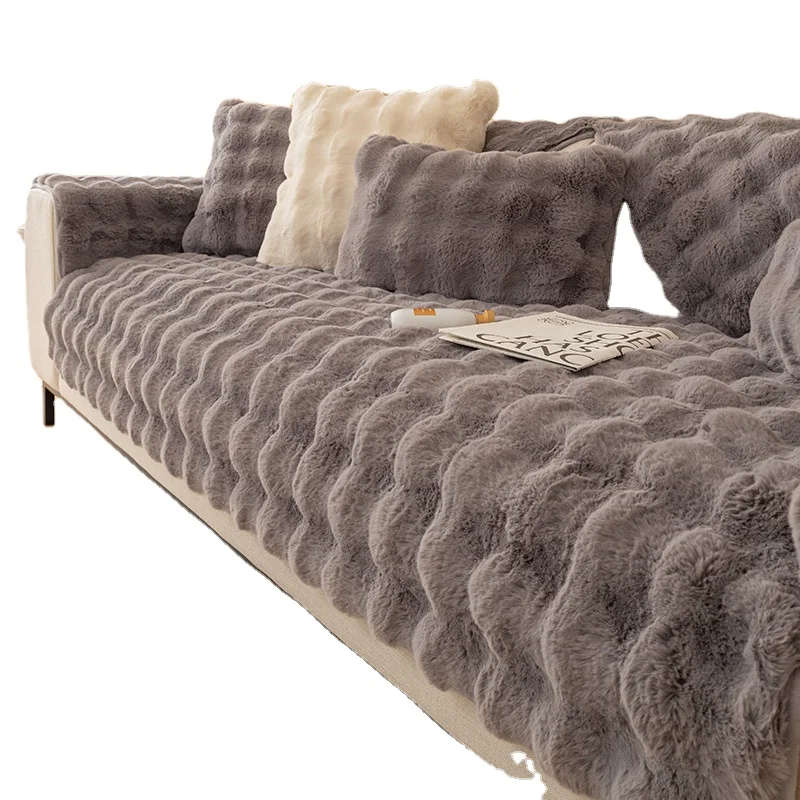 Plain Color Solid Design Winter Spring Cool Weather Suitable Sofa Cover Hot Sale Rabbit Furry Soft Comfortable Sofa Slipcover