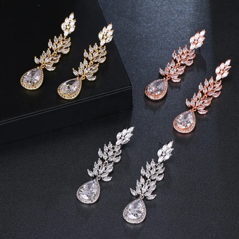 

High Fashion Korean luxury elegant jewelry Cubic Zirconia Leaf Water Drop Long Dangle Wedding Stud Earrings For Women 2021