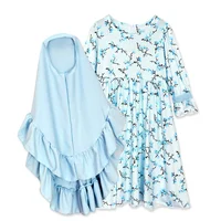 

kids fashionable printed long lotus flare sleeve muslim Hijab dresses shawl abaya hijab scarf children clothes for girls