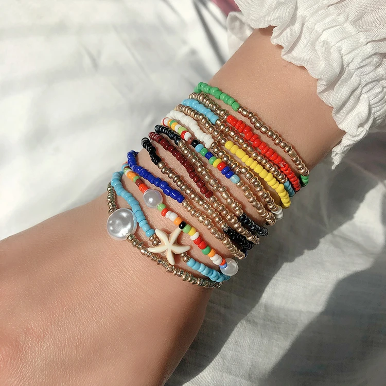 

Multi-layer colorful beads elastic beaded bracelet bohemian vacation mix and match imitation pearl bracelet women