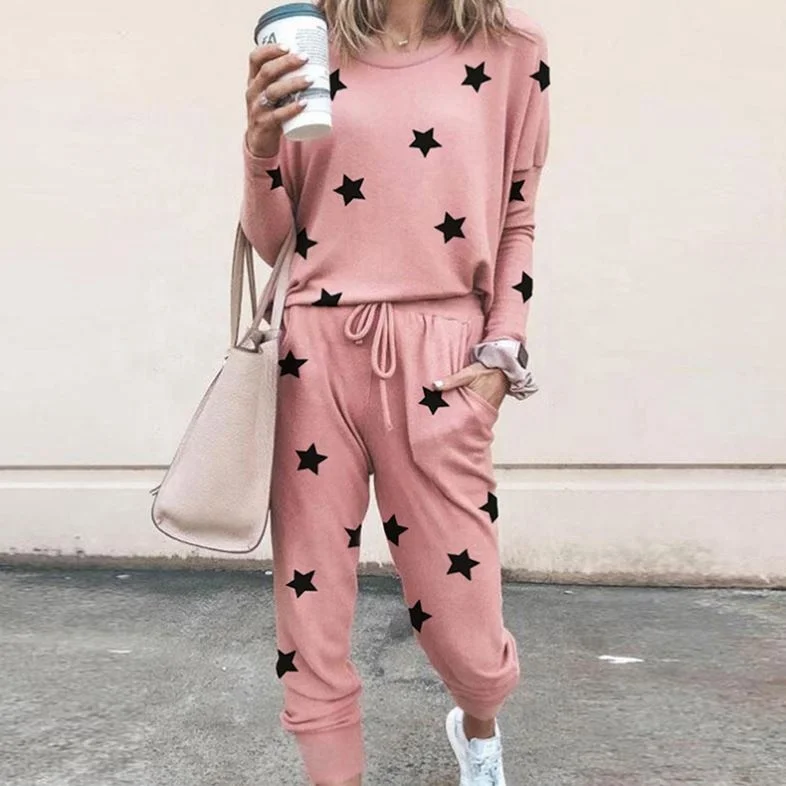

2021 Loose Print Long Sleeve Tracksuit 2 Two Piece Set Woman Sweatsuit Jogging Casual Women Nigt Home Wear Outfit