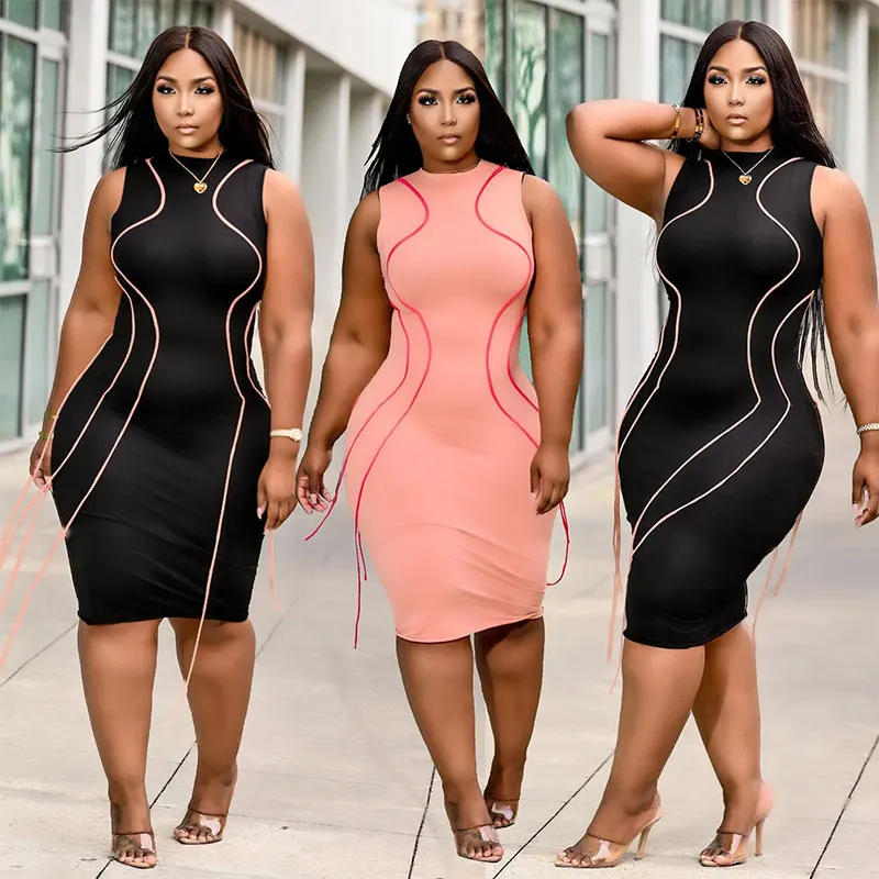 

Solid color round neck sundress sleeveless bodycon dress women plus size women dress plus size summer wear, 2 color
