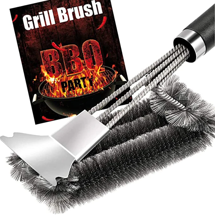 

Safe 18" Stainless Steel Woven Wire 3 in 1 Bristles Grill Cleaning Brush BBQ Grill Brush Grill Brush and Scraper, Silver and black handle