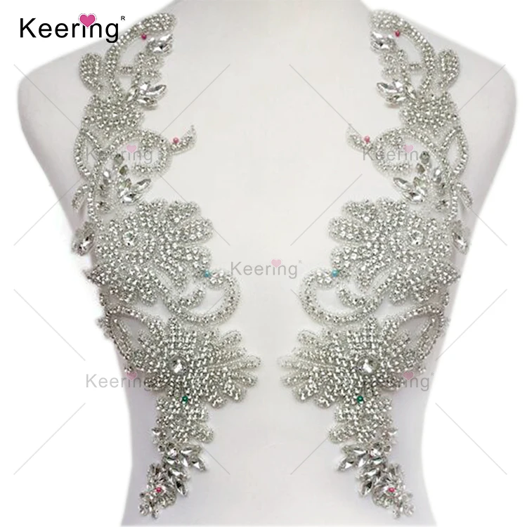 

Wholesale Factory Small Quantity Pair or Single Handmade For Bridal Wedding Dress Beaded Bodice Patch Rhinestone Applique, Sliver as samples