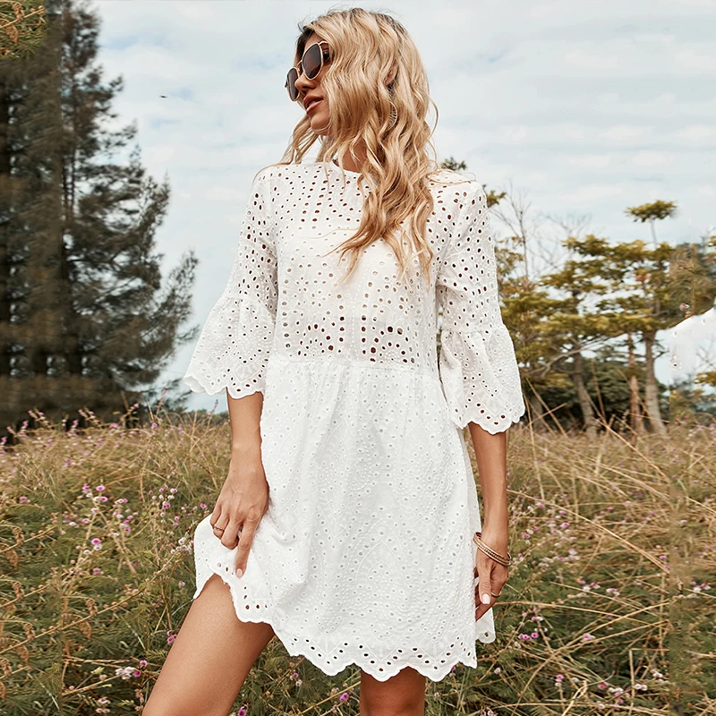 

Woman Boho 100% Cotton Beach Wear Bohemian Summer Trending White Dress Ladies Pleated Dresses For Women Casual Spring 2022, Any custom color