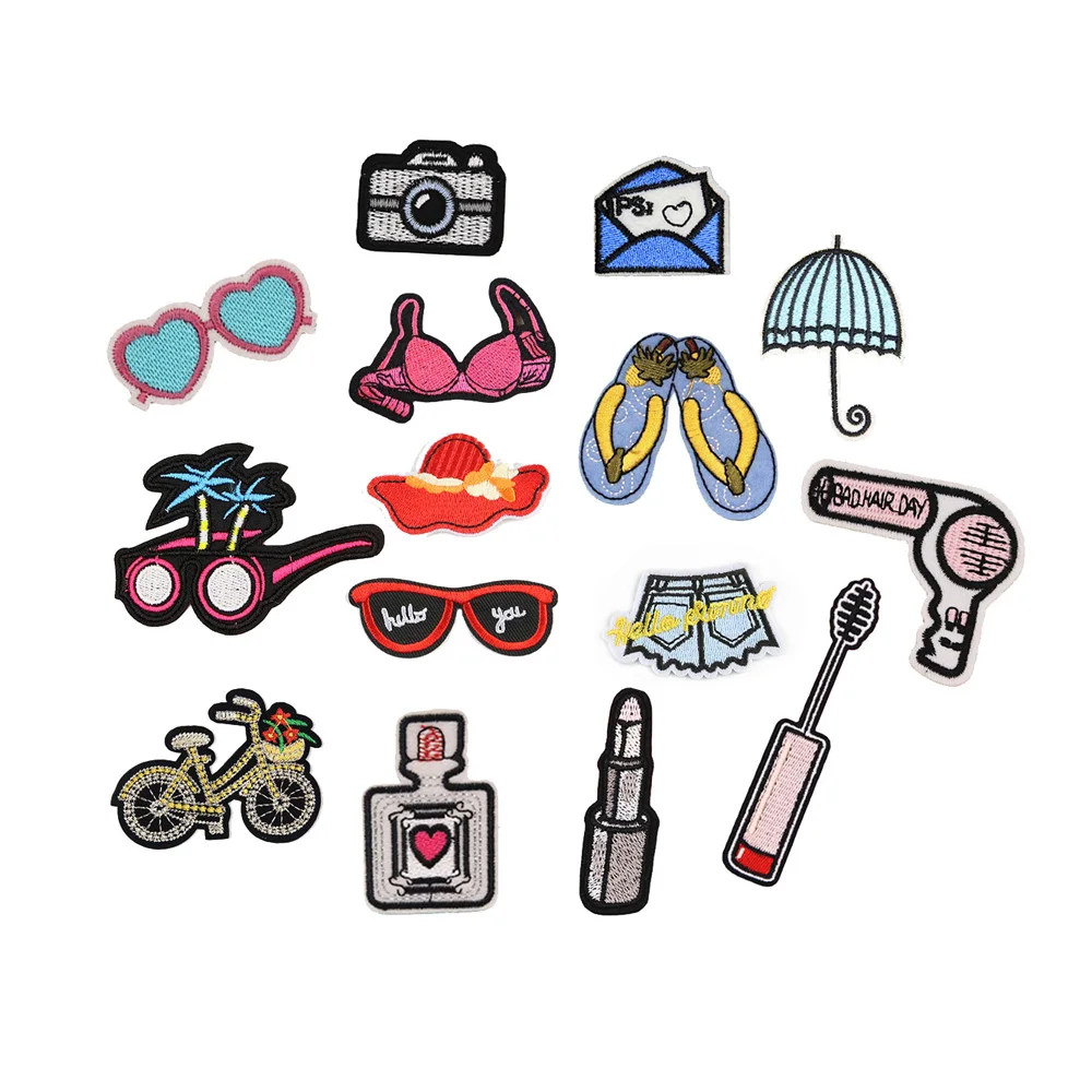 summer vacation style cosmetic makeup sunglasses design iron on embroidery patches for suitcase bag cap