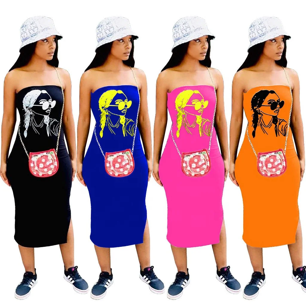 

MT107-2081 Wholesale ladies printed strapless mid-length dress club clothing casual wear 2021 sleeveless female dress