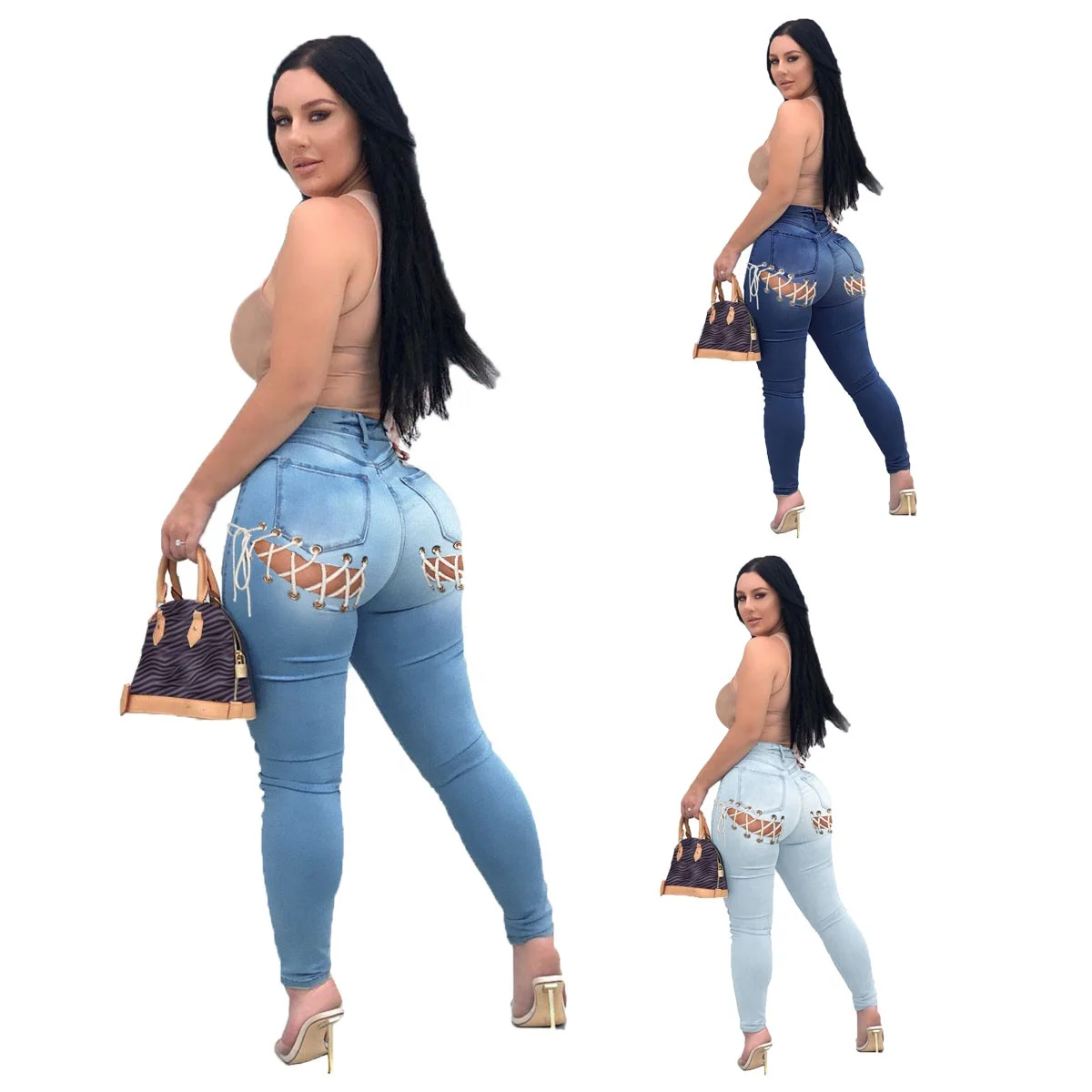 

WJ148 pencil plus size jeans women bandage skinny denim jeans fashion jeans women, Picture color