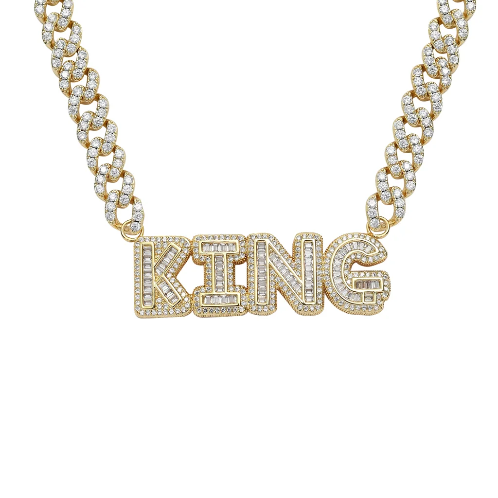 

Bling Custom Name Pendant Hiphop Iced Out Cubic Zircon Diamond Alphabet Letters DIY Name Pendant Necklace with 9mm Cuban Chain, Gold, silver