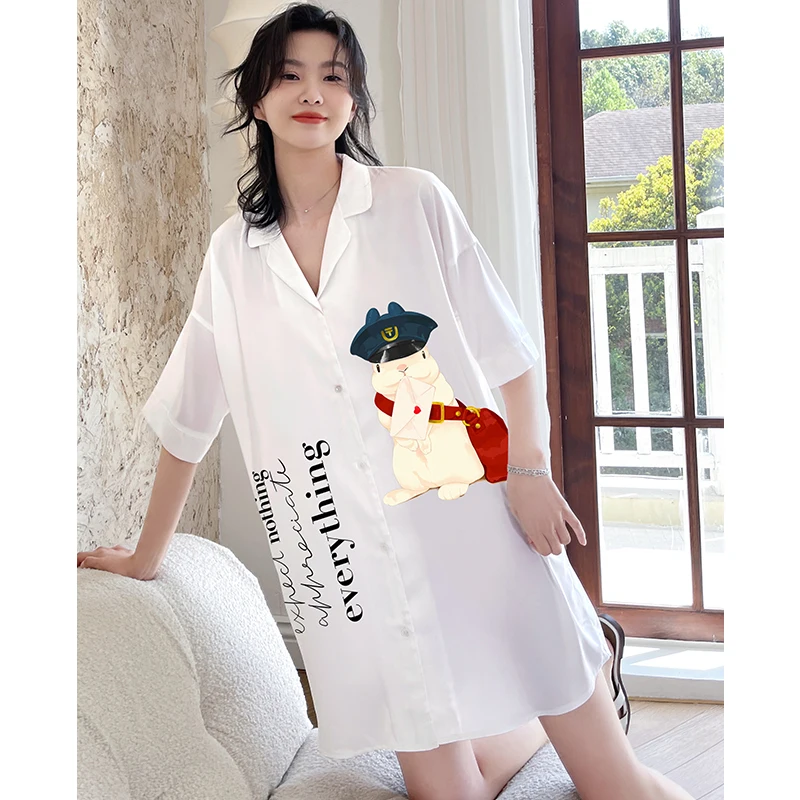 

Wholesale loose nightdress short sleeve printed nightwear satin sleepshirt for women