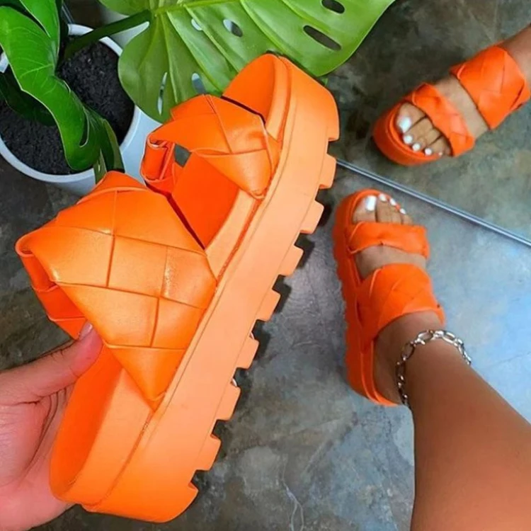 

New design Thick Sole Wholesale Women New Shoes fashion outdoor Woven pattern pu orange cheaps women sandals slippers