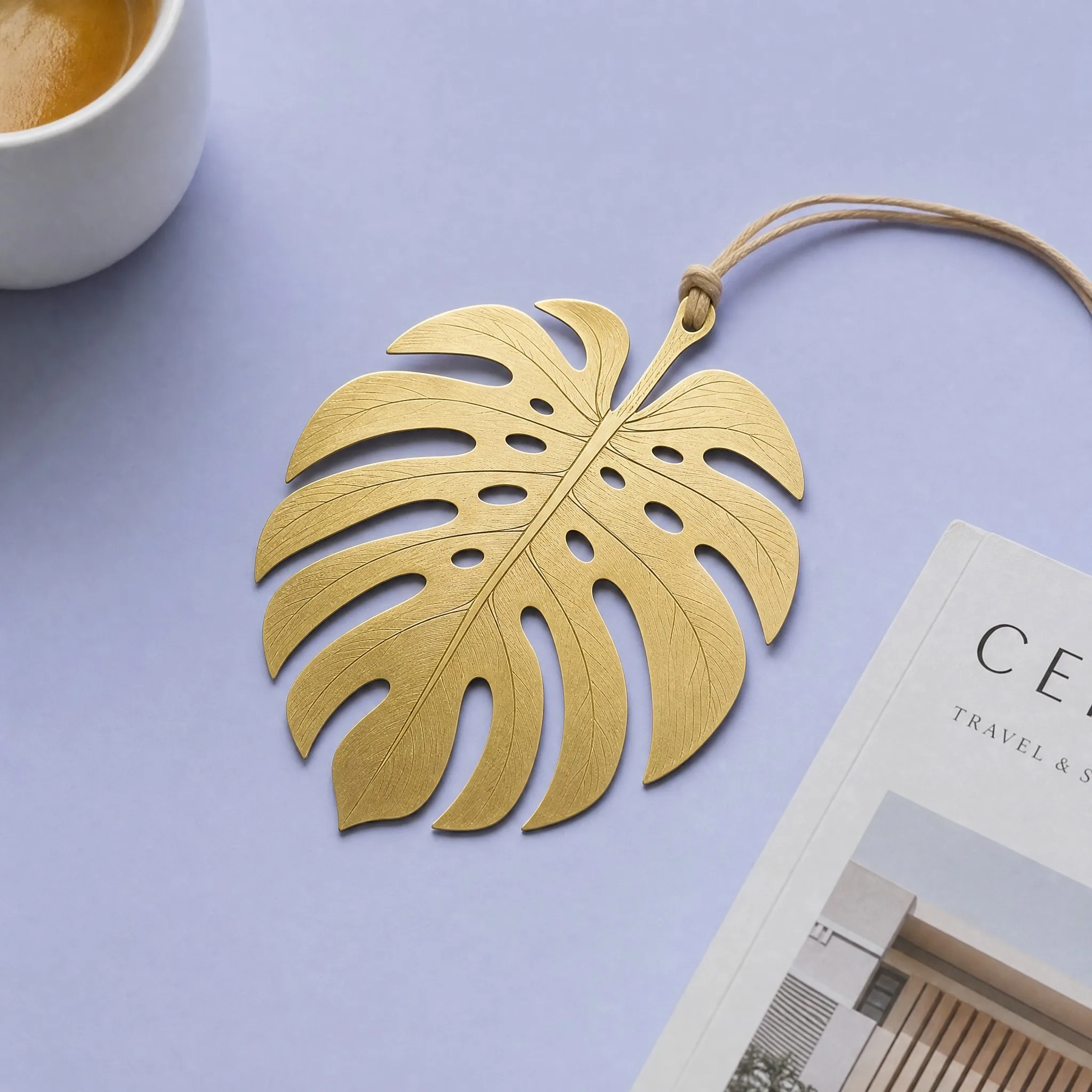 Custom Tropical Monstera Deliciosa Split Leaf Brass Bookmark with Beige Braided Cord