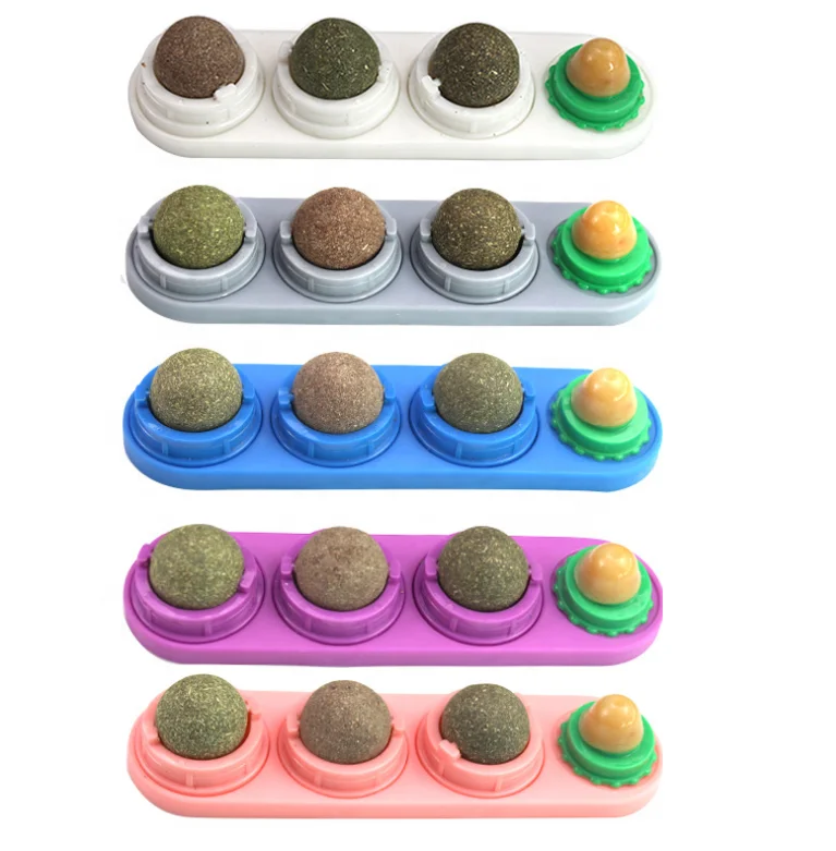 

Wholesale 4 in 1 Natural Edible Catnip Balls Wall-mounted Rotatable Safe Healthy Cat Catnip Wall Ball Toys