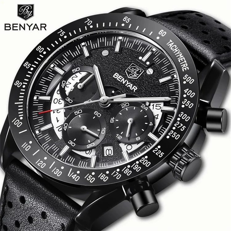 

BENYAR BY 5120-1 Men's Watch Wristwatch Mens Quartz Luxury Watch Chronograph Business Men Watch Leather Military Zegarek Meski