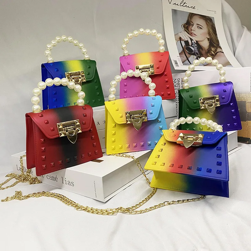 

jelly colorful bags women handbags ladies shoulder with pearl handle, Customizable