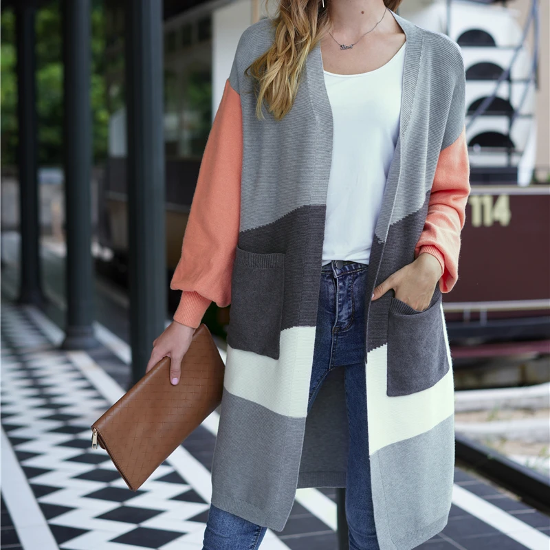 

2020 Women Winter Stylish Ladies Oversized Cardigan Women Color Block Knitted Long Cardigan Sweater Loose, As picture