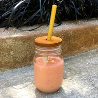 

Hot Selling Creative Handmade Custom Fruit Juice Drink Mason Glass Jar Bamboo Lid with Straw Hole
