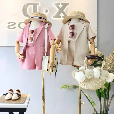

3-8Y Fashion Infant Baby Girls Clothes Sets 3pcs Solid Vest Tops+Short Sleeve Blazer Coat+Shorts Outfits