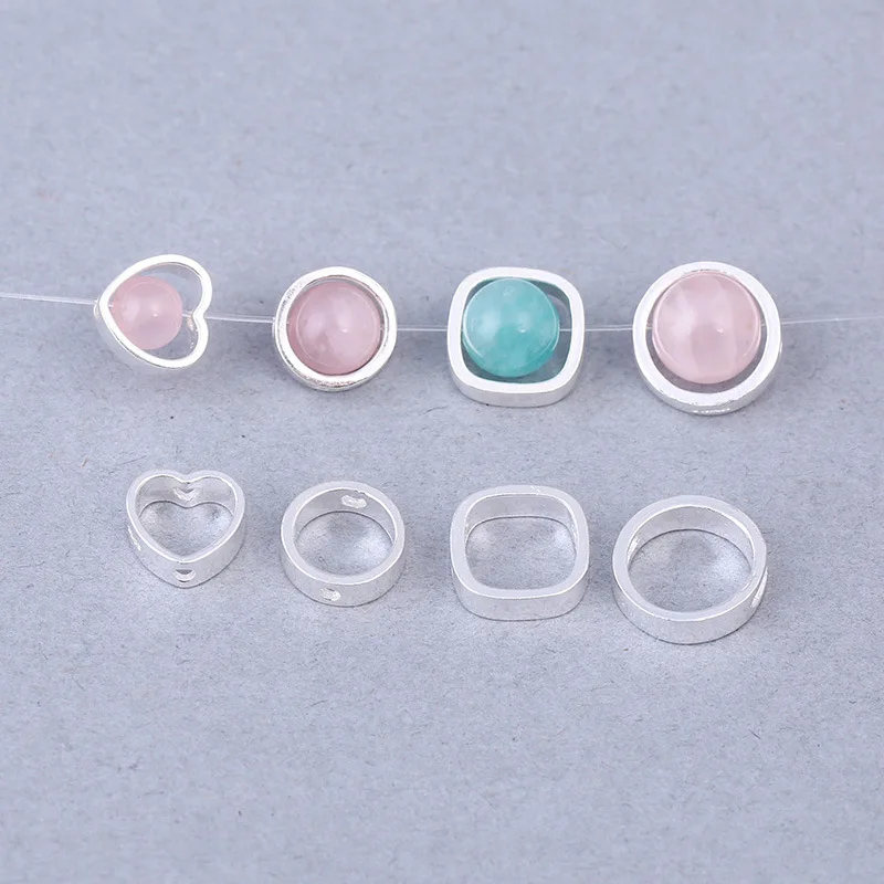 Fit 3mm-10mm Beads 925 Sterling Silver Hollow Round Rectangle Heart Frame Pendant Gemstone Jewelry Making Bezel