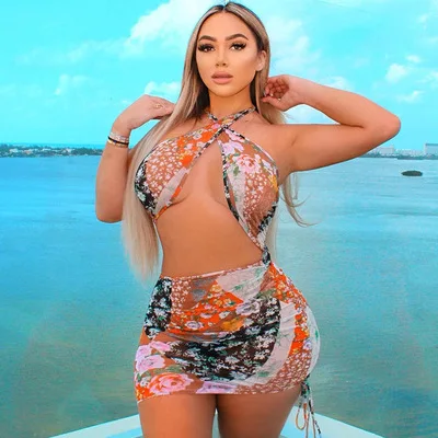 

Hot Selling Print Halter Neck Cross Crop Top Women Two Piece Dresses Set, 6colors