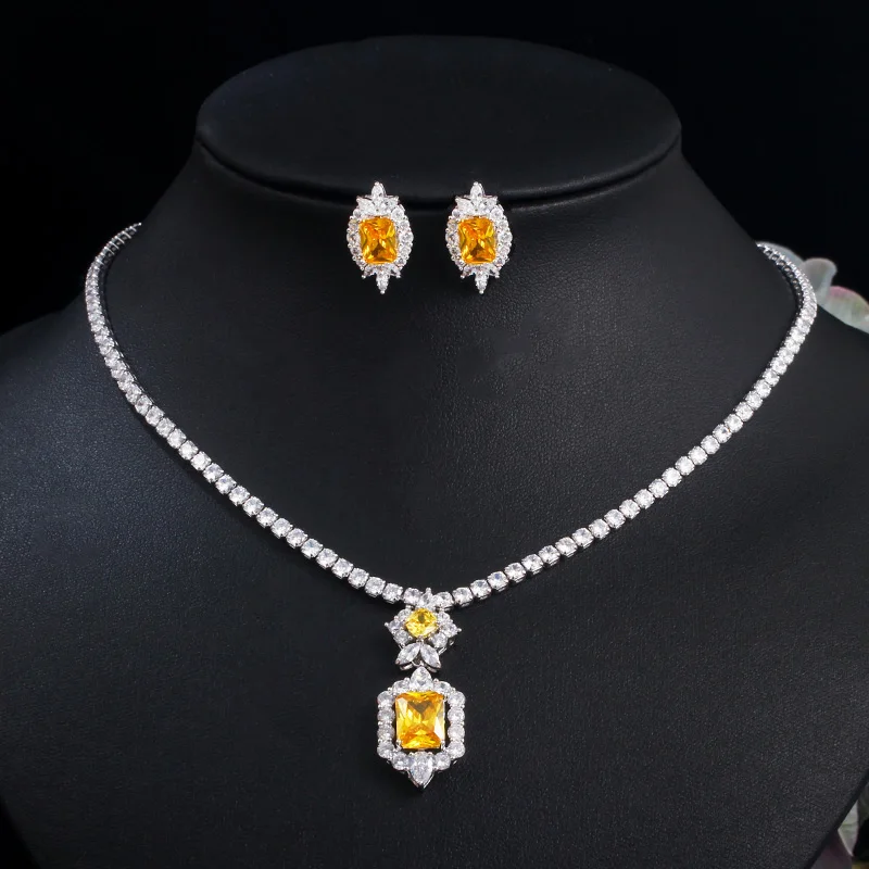 Shiny Quality Yellow Cubic Zirconia Crystal Round Tennis Necklace and Earrings Jewelry Set for Women CZ Wedding Party Accessory