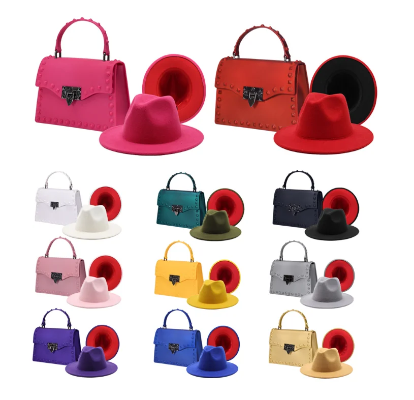 

2021 All color in stock new jelly purse and hat set custom solid color fashion women handbags and elegant fedora hats