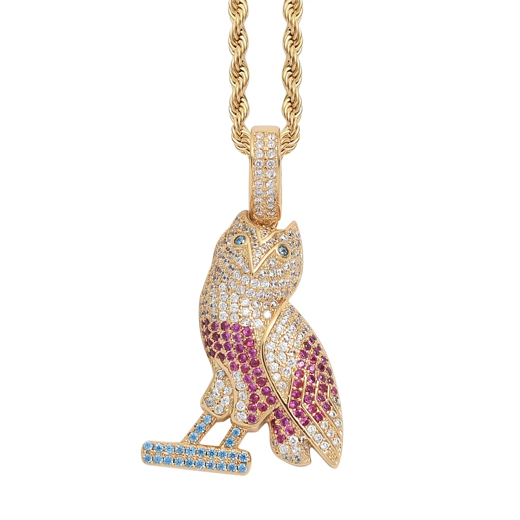 

Custom OVO DRAKE Hiphop 14K Real Gold Plated Iced Out Cz Colorful Zircon Animal Pendant Rope Chain Necklace Owl Diamond Jewelry