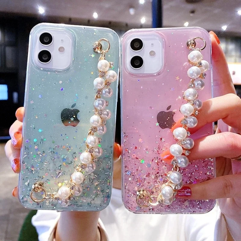 

Soft Pearl Bracelet Phone Case For iPhone 11 12 13 Pro Max XS X XR 7 8 6 6s Plus mini SE 2022 Glitter Shockproof phone Case