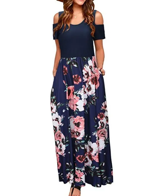 

factory supplied long sleeve off shoulder contrast color print casual long dress for women