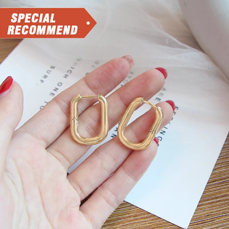 

hot fashion 14K Gold Color Oval Stainless Steel Hoop Earring Geometric Earring Minimalist Gold Earring Trendy Jewelry Wholesale