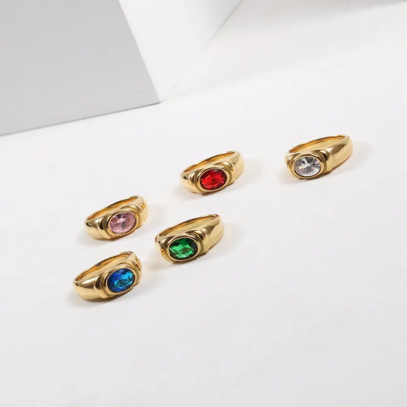 

PVD 18K Gold Plated Red & Blue & Green Zircon Stainless Steel Rings for Women Gold Rings Jewelry Wholesale