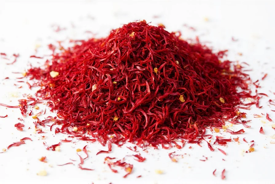 Close-up view of saffron stigmas being processed for extract production showing red threads against white background