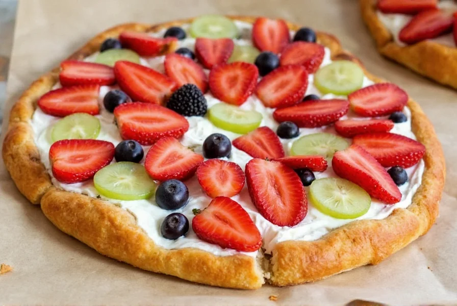 Sweet pizza made from flattened Rhodes cinnamon rolls topped with fruit and cream cheese