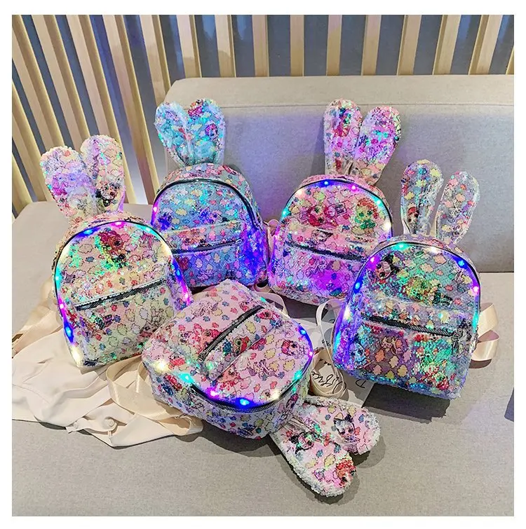 

Foreign trade wholesale rabbit ears children's bag 2020 new LED marquee sequin surprise little princess backpack, Multi color